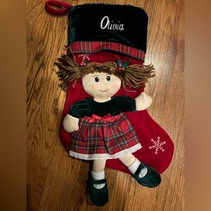 Personal creations personalized Christmas stockingsg with brunette doll Olivia